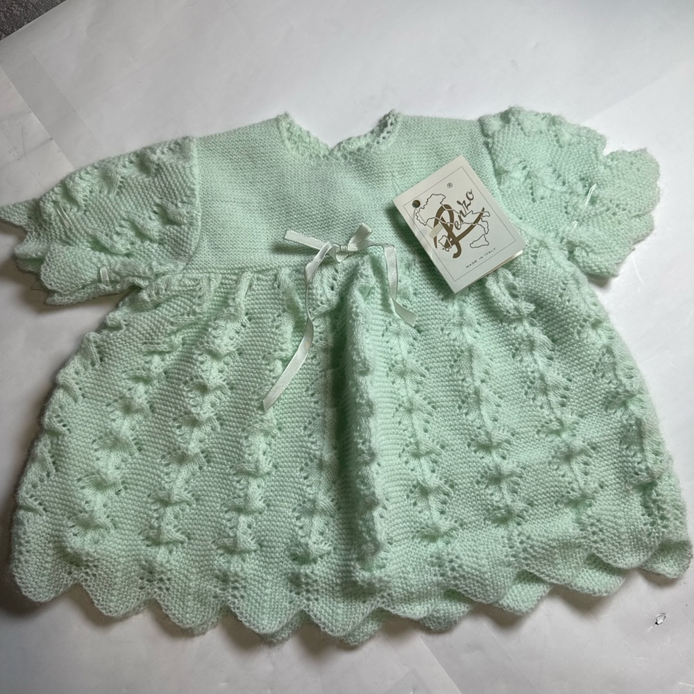Vintage Perzo Baby Knit Dress Mint Green Handcrafted Acrylic New Tag